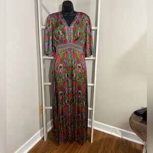 Hale Bob Green and Red Floral Maxi Dress